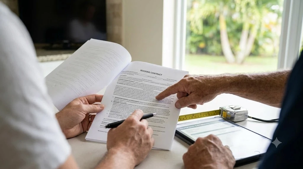 Homeowner reviewing a written roofing contract and payment schedule with a licensed Florida roofing contractor