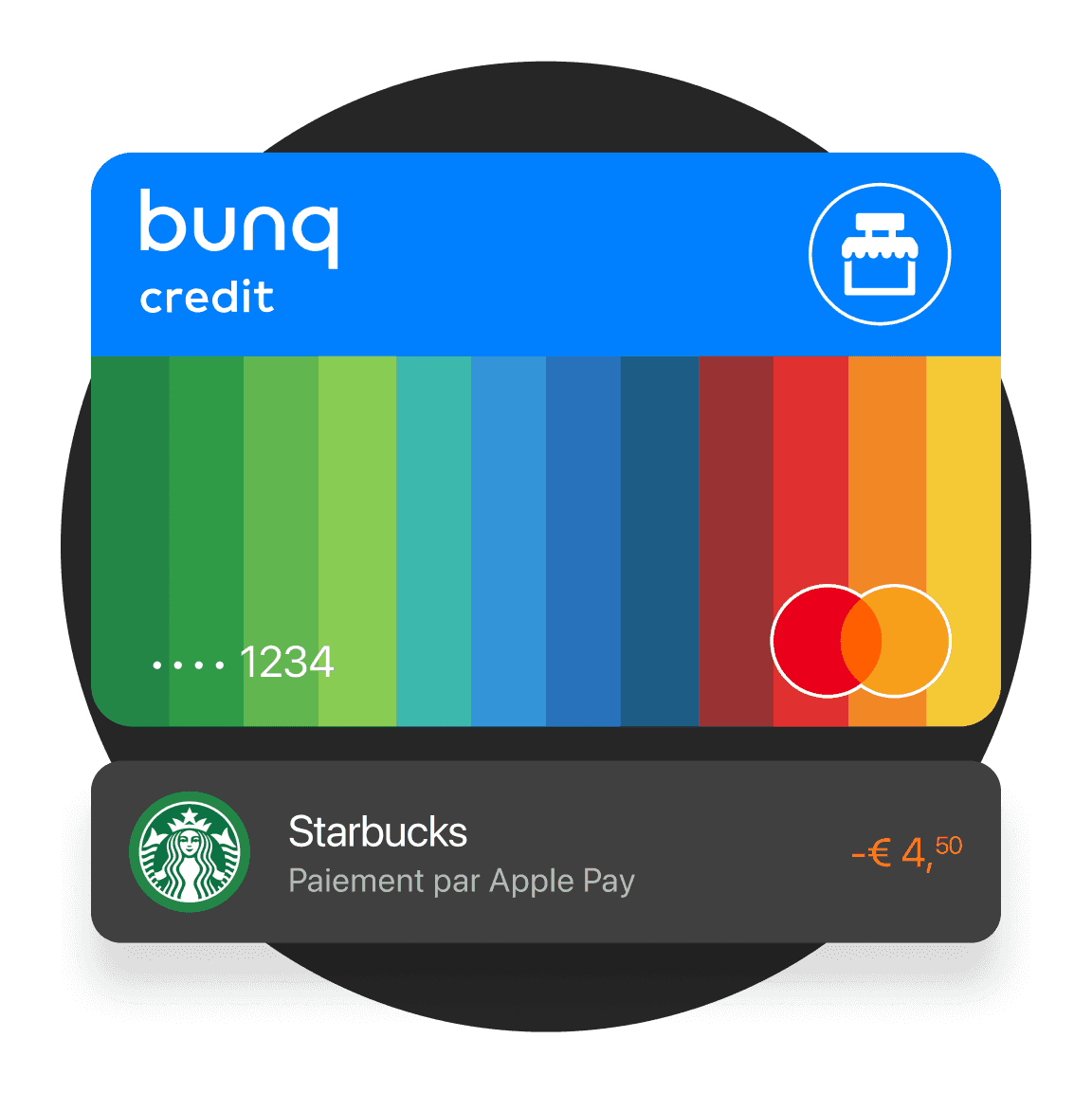 Image d'une carte bancaire colorée de bunq, avec une section bleue en haut et un dégradé de rayures en dessous.
