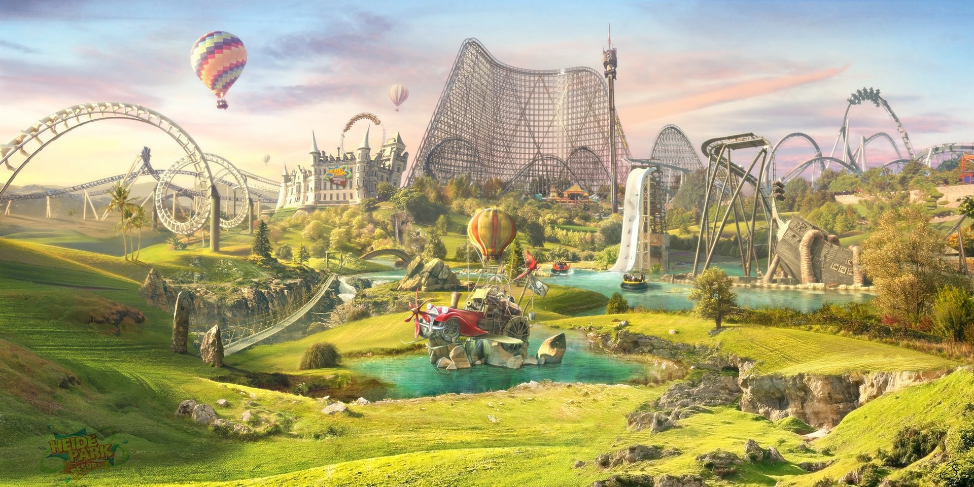 Concept Design of a stylised Heide Park at golden hour