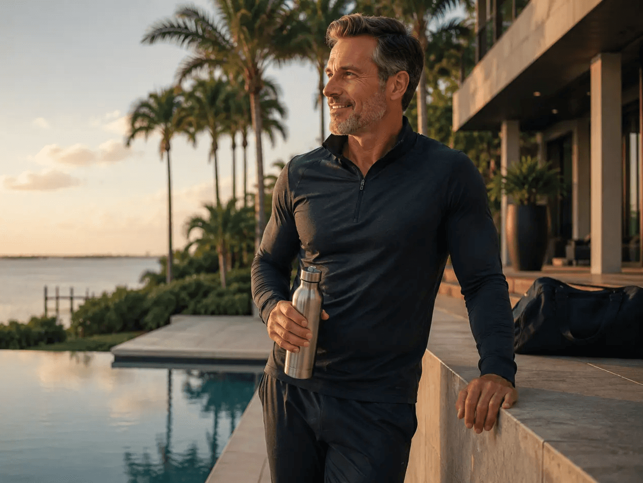 Man in athletic wear by a pool at sunset holding a bottle