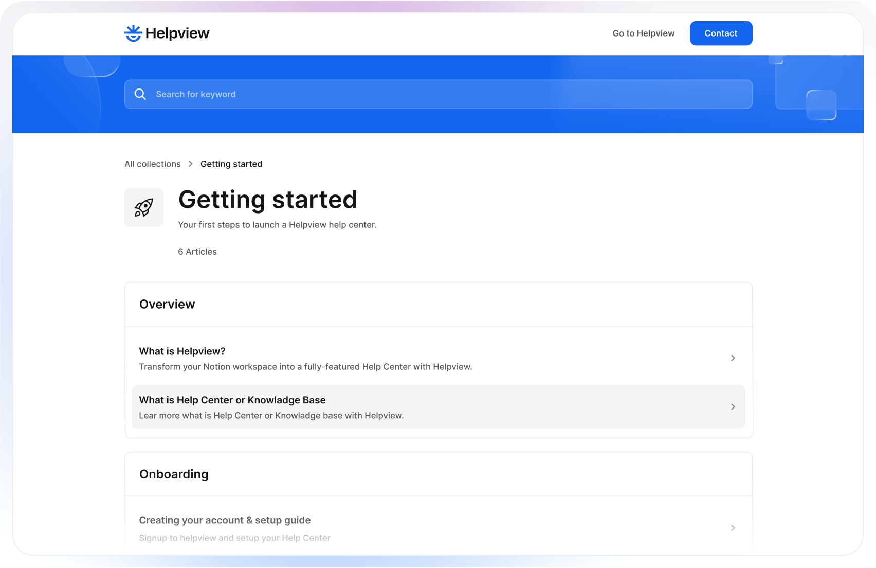 Helpview help center interface showing searchable articles and documentation categories.