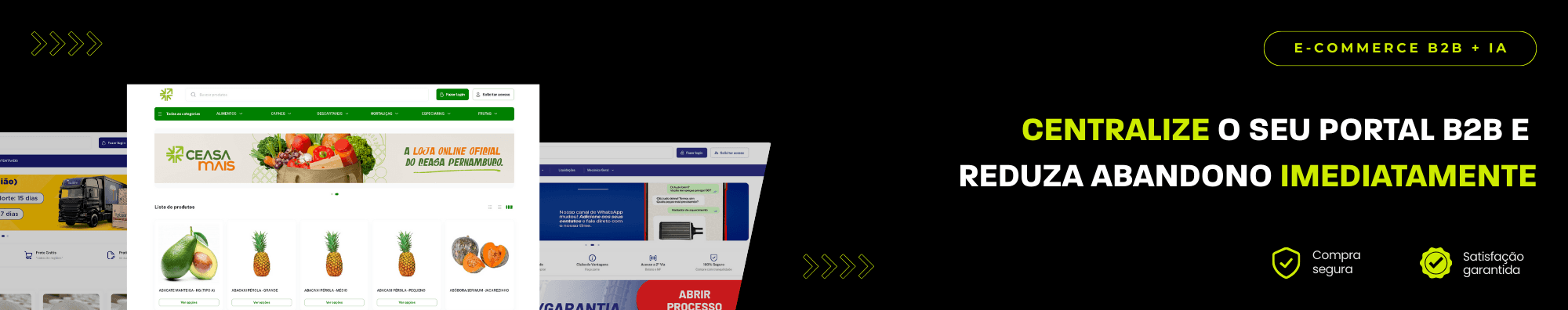 Banner horizontal com fundo escuro, ícones de segurança e satisfação, e imagens de lojas B2B exibidas à esquerda. Elementos gráficos em verde destacam o tema de e-commerce B2B com IA.