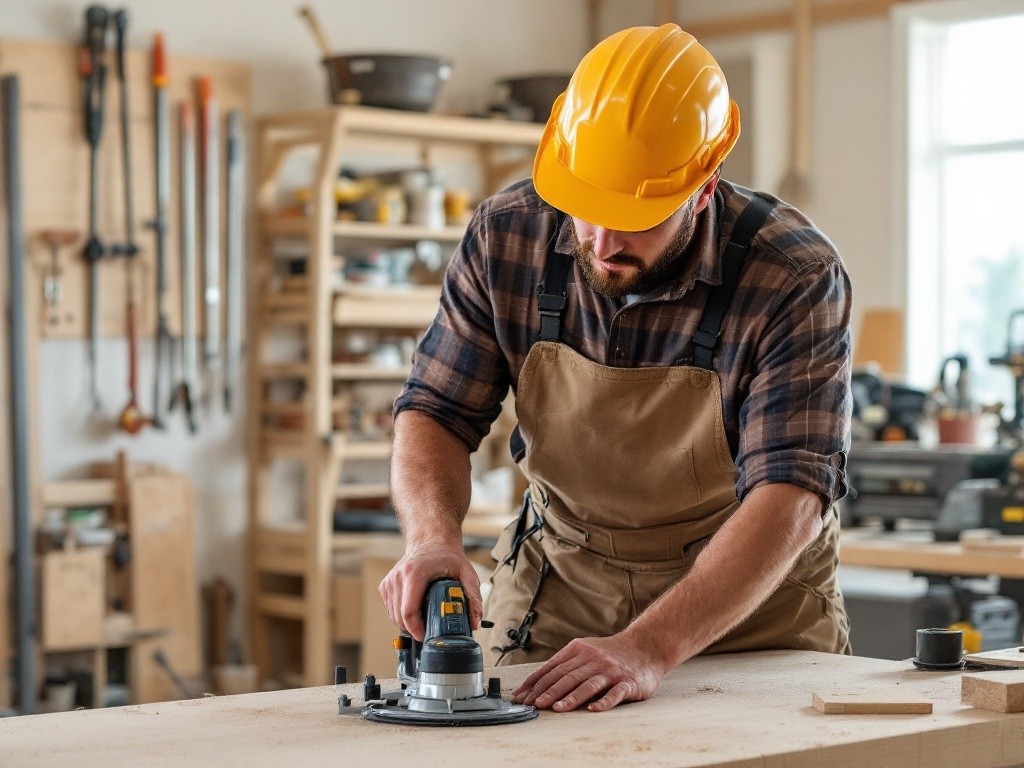 A man in a yellow hard hat is sanding a piece of wood with a power sander.