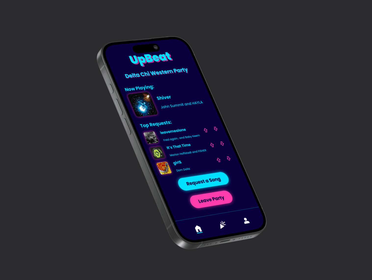 Mobile Phone Mockup of UpBeat Party Screen