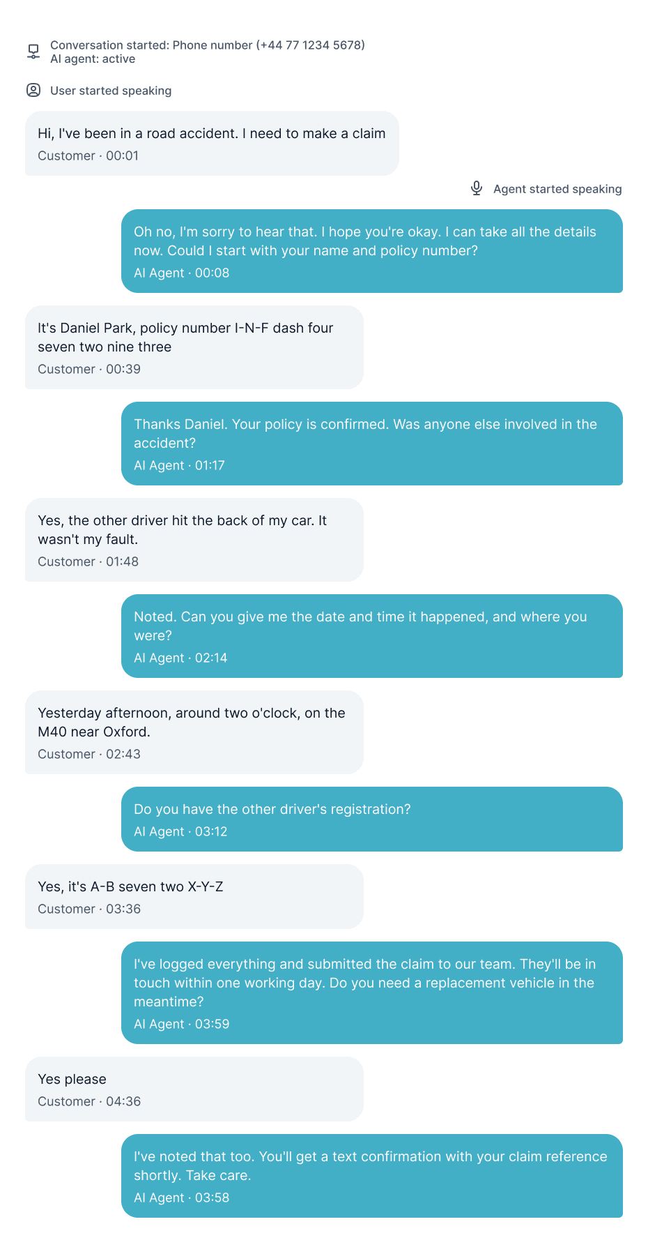 Recording of an AI voice agent handling an inbound road accident claim call, verifying the customer's policy and collecting details about the incident