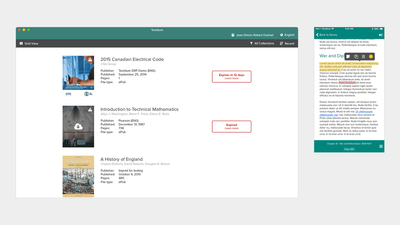 Composite screenshot of the redesigned Texidium interfaces: on the left, the macOS interface. Under a teal window header and dark toolbar shows three book cards each with cover image, publisher and date details, and a red badge reading 'Expires in 12 days' or 'Expired'; on the right, the iOS interface with teal header labeled 'Back to library', yellow highlighted text under 'War and Diplomacy,' a floating action bar with edit and highlight icons, and a green footer displaying chapter and page information.