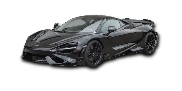 Black McLaren 765LT supercar with carbon fiber aero kit and black alloy wheels.