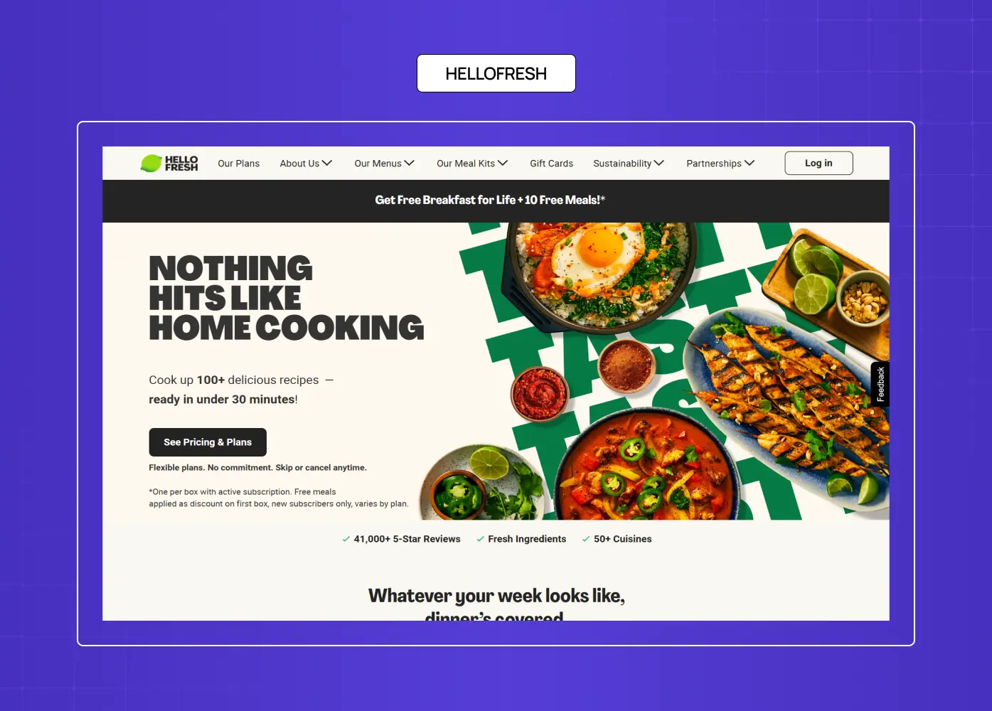 HelloFresh homepage featuring meal kit subscriptions with vibrant food photography and cooking-focused messaging.