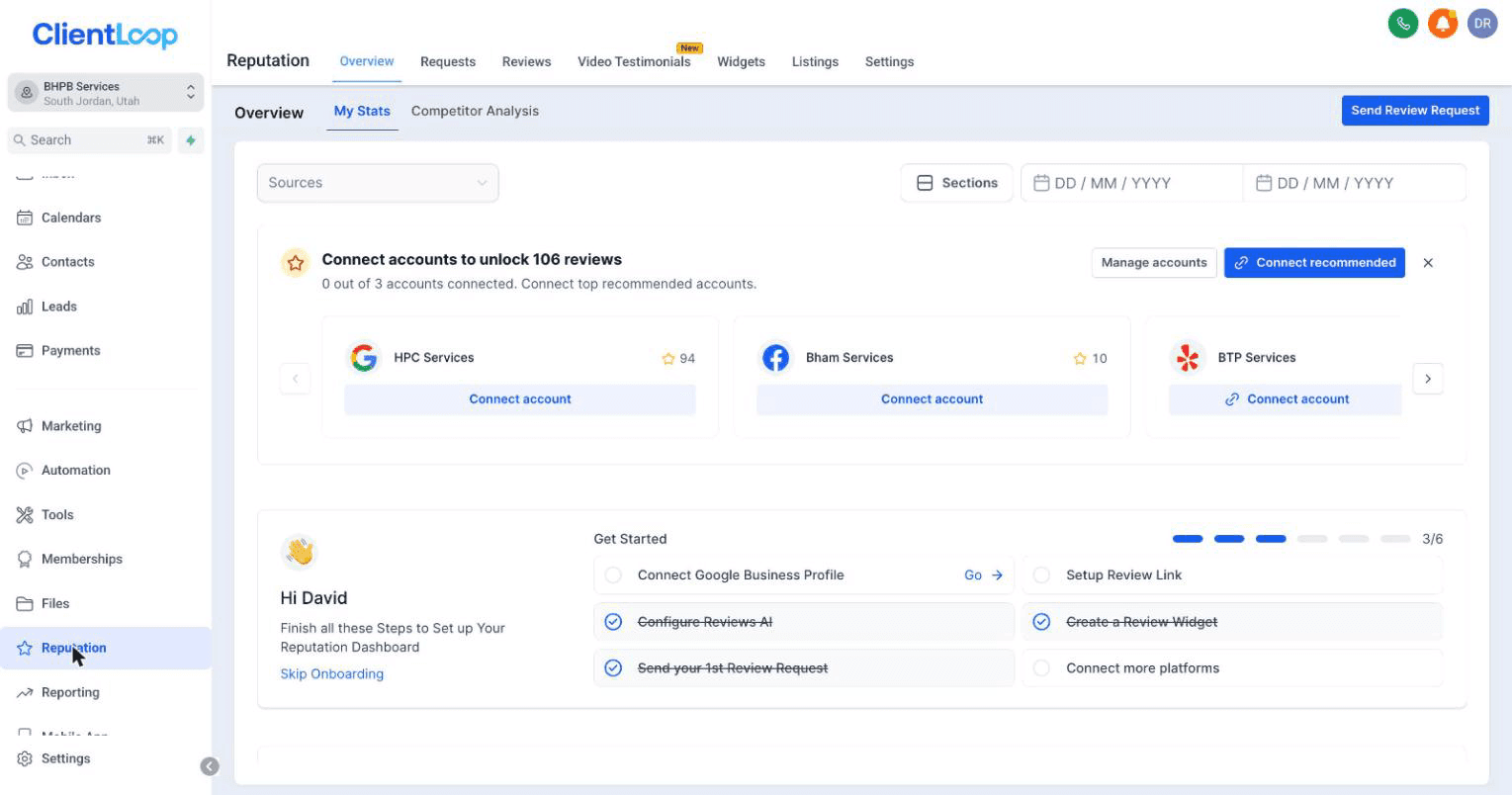 The Reputation page with the Connect Google Business Profile checklist