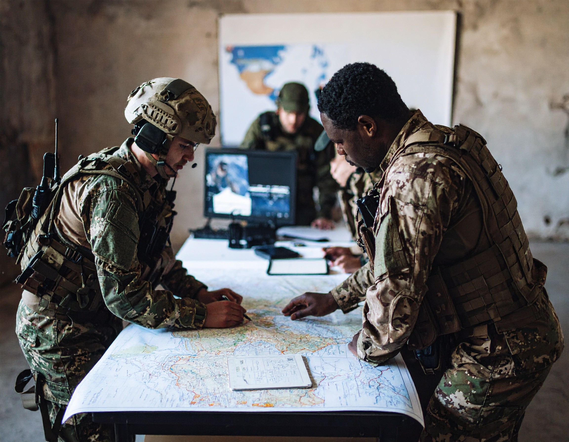 Different military teams coordinating over a map