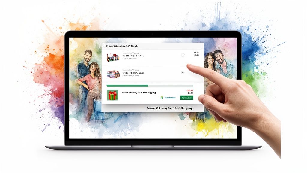 Hand interacts with a laptop screen displaying an e-commerce shopping cart and free shipping progress.