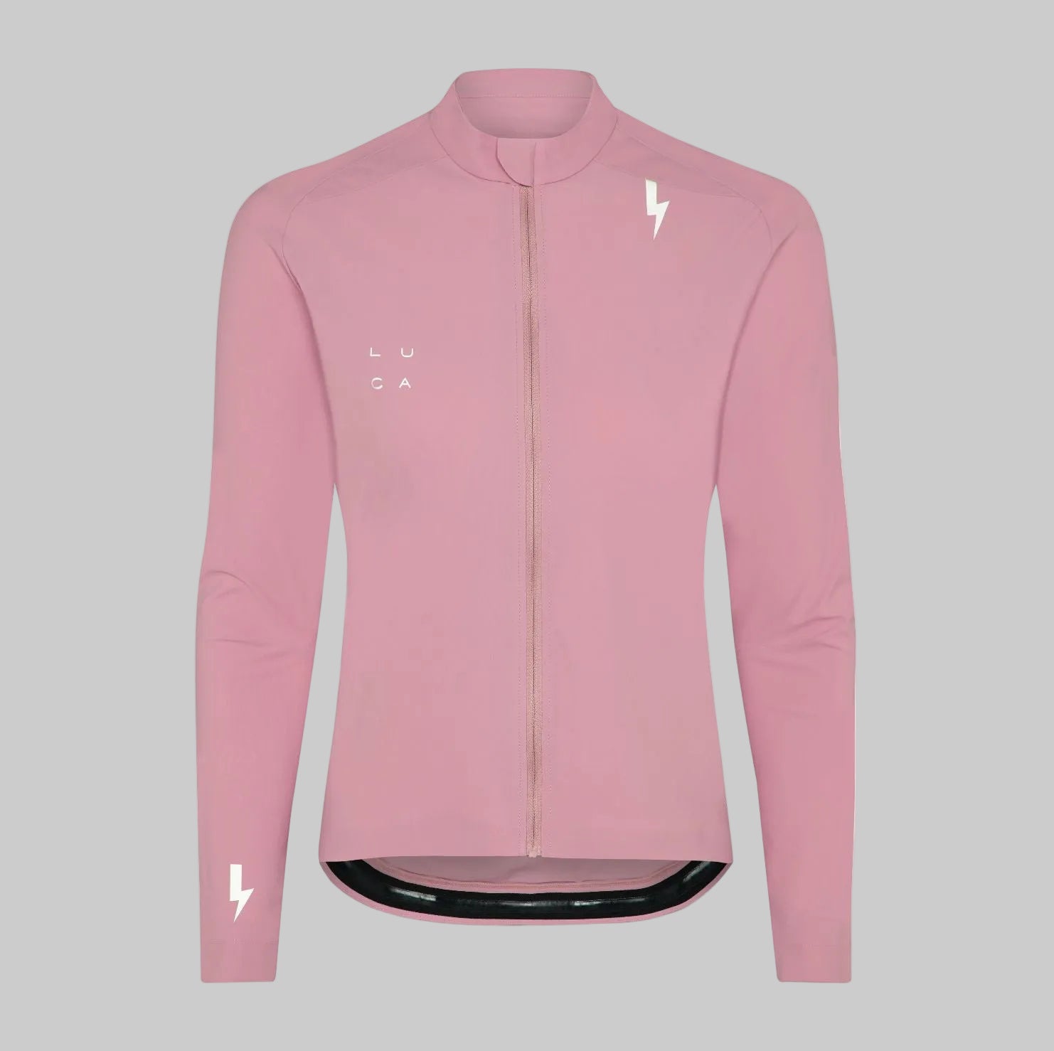 Front-view-of-a-light-pink-long-sleeve-cycling-top-with-a-full-zipper-white-LUCA-logo-and-a-white-lightning-bolt-graphic-on-the- shoulder