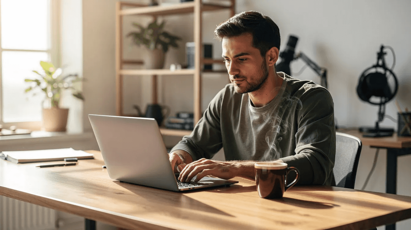 A studio owner is seated at a desk, focused on their laptop while sipping coffee, surrounded by documents related to dance studio management. This scene highlights the importance of using efficient dance studio software for managing class bookings, payments, and financial processes.