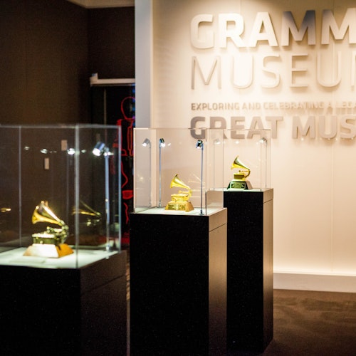 inside of Grammy Museum with statues of awards