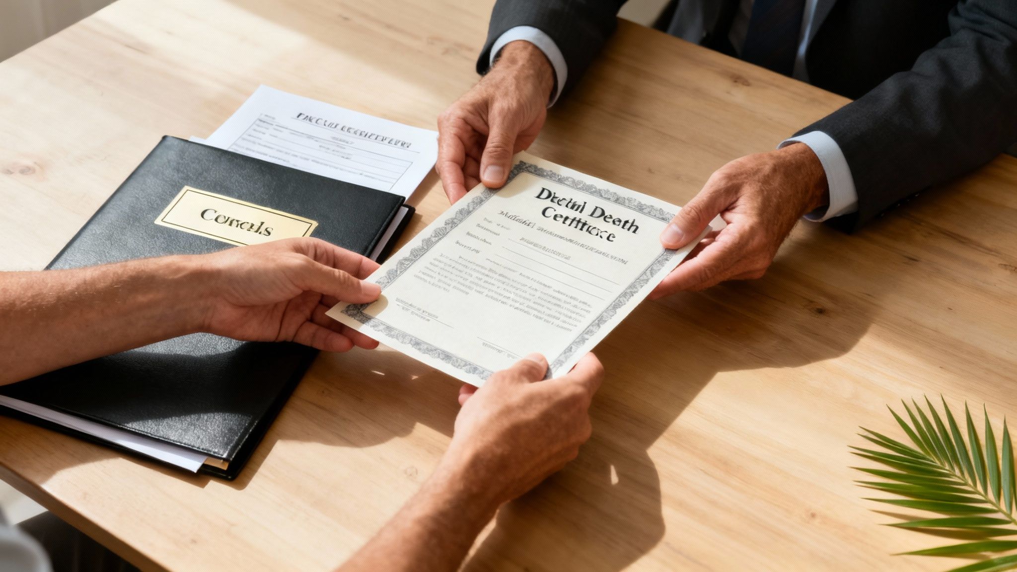 A compassionate lawyer reviewing documents with a client in a bright, professional office.