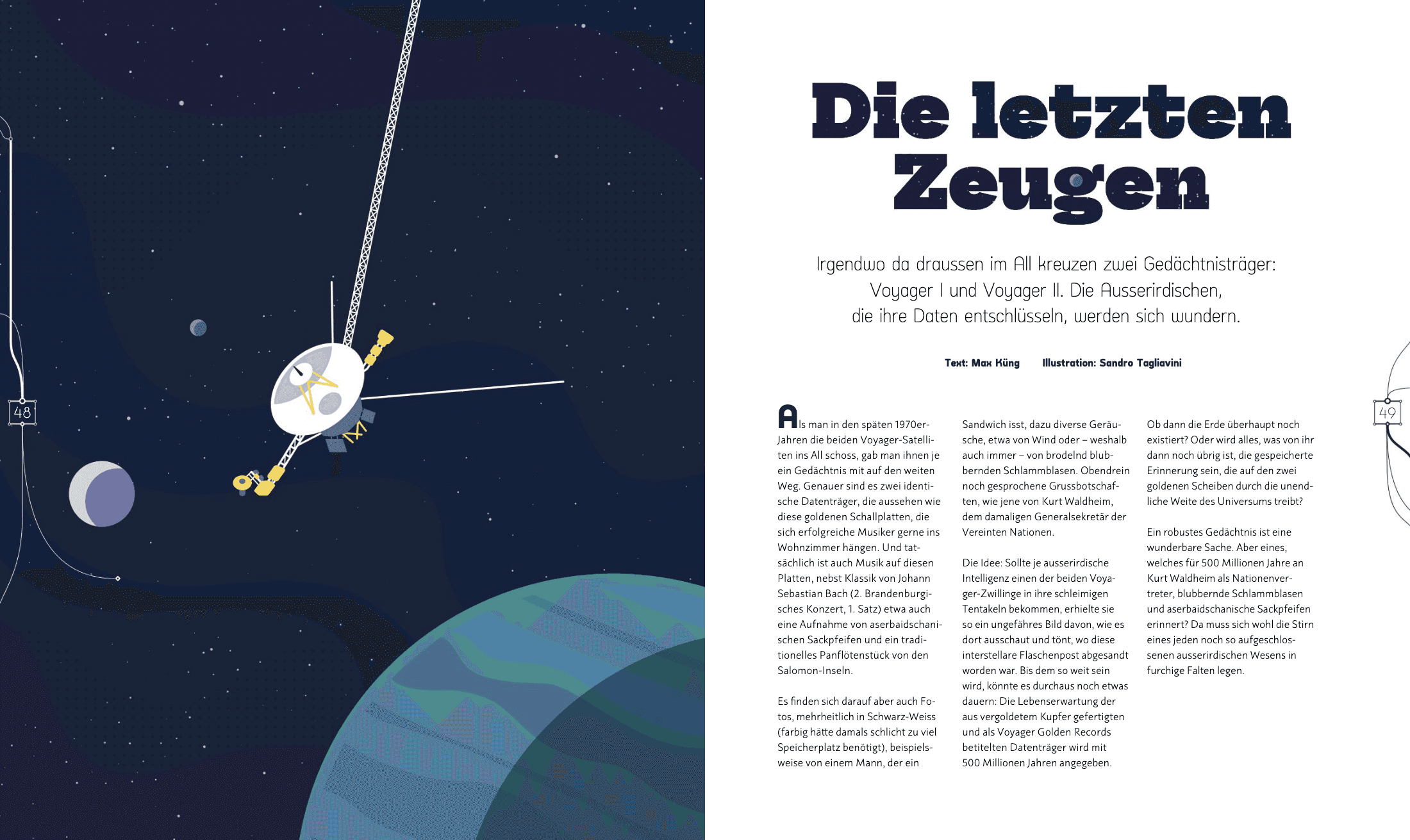 Magazine illustration depicting a satellite in outer space. Simple vector design over a dark background with a planet showing on the bottom right.