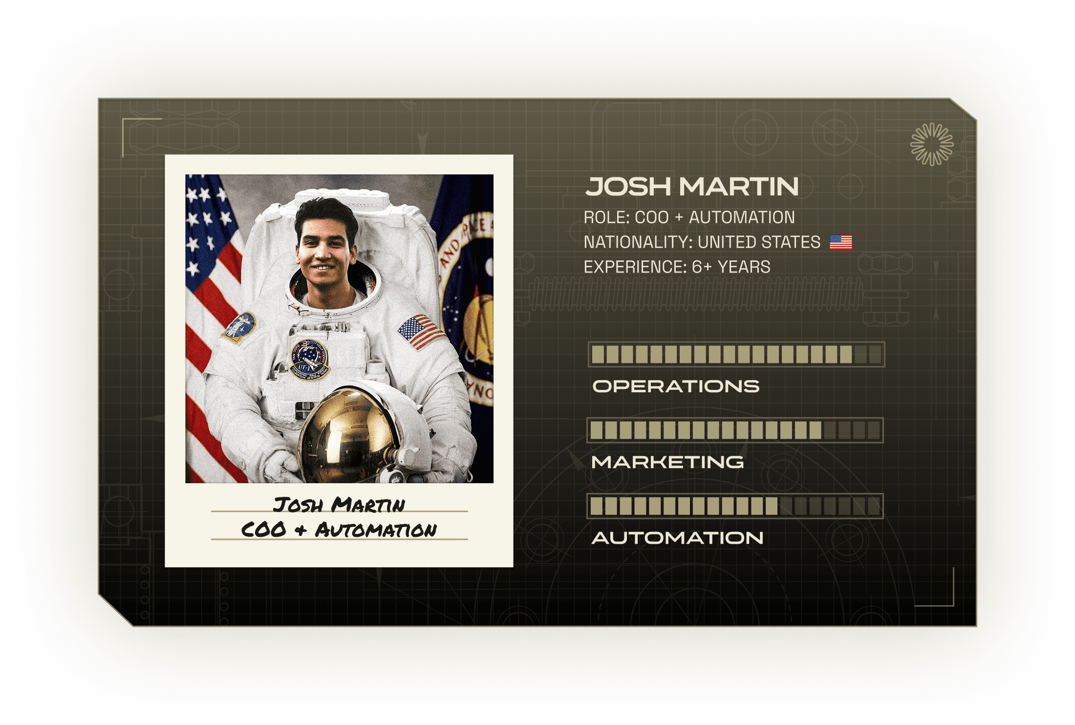 An astronaut in a white spacesuit holds a gold visor helmet, featured on a digital profile card highlighting their role as COO in automation, with experience from the United States.