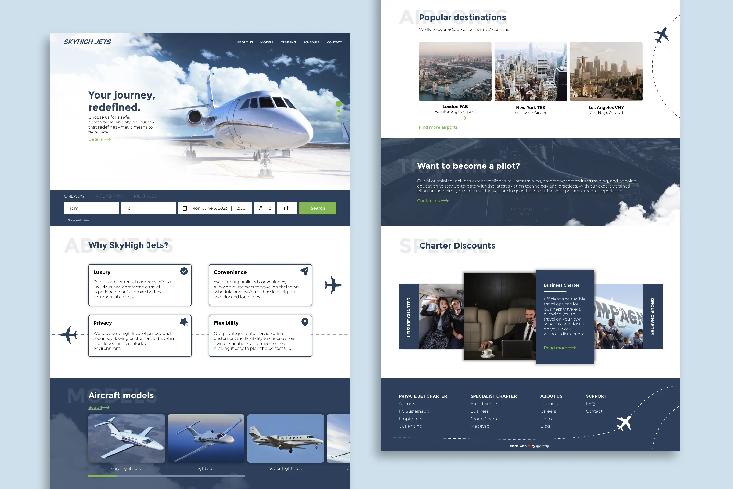 Skijet modern website design for private airplane rentals