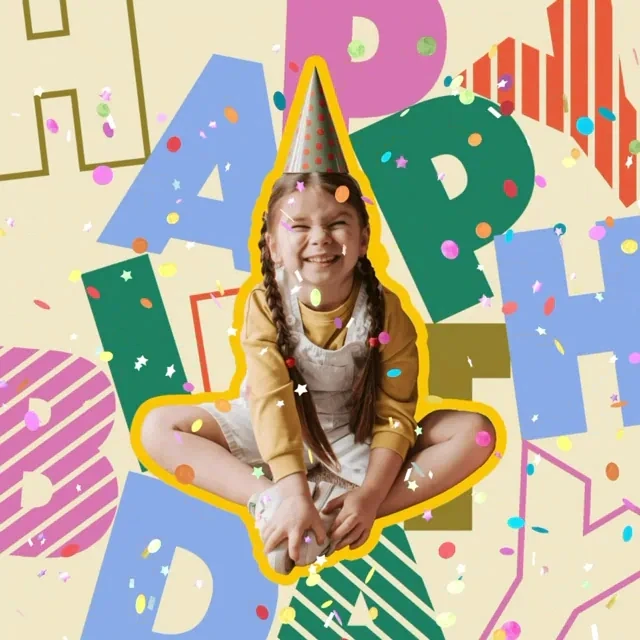 Confetti-letter birthday card template with HAPPY BIRTHDAY in mixed fonts and a cut-out kid photo with party hat