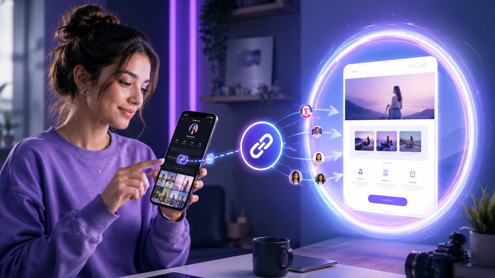 A woman using her smartphone to link social media content to a digital website interface display.