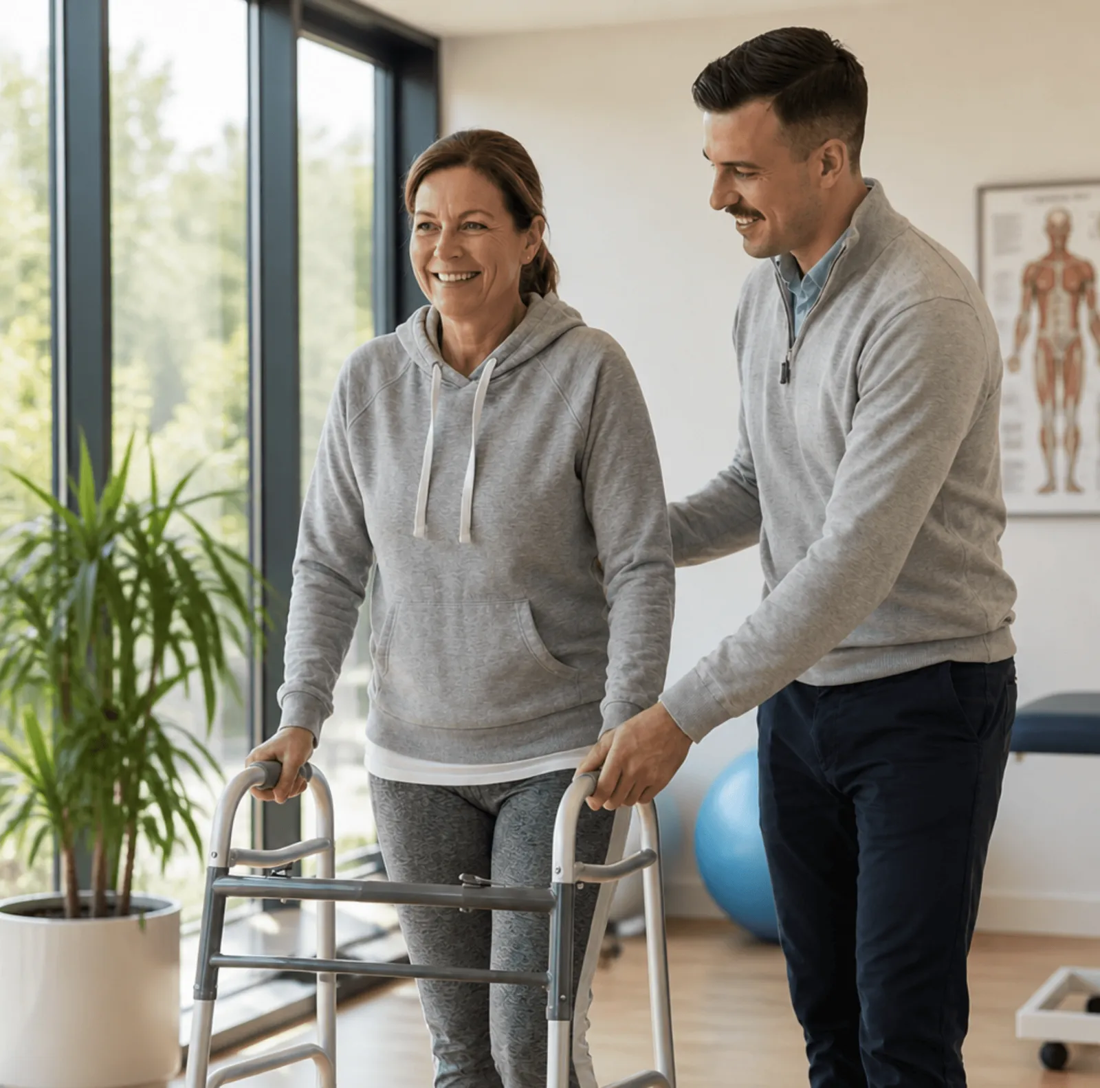 Physiotherapist supporting a woman using a walking frame
