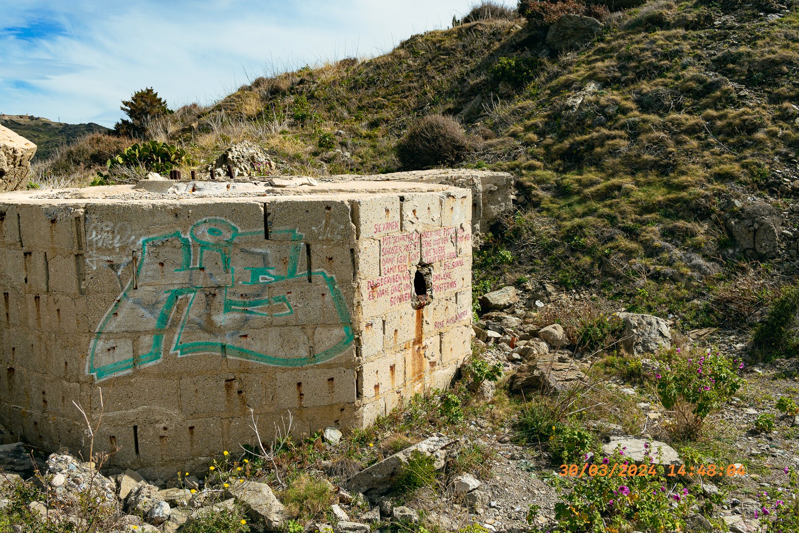 Mur en pierres crevassé, végétation sèche et graffiti vert.