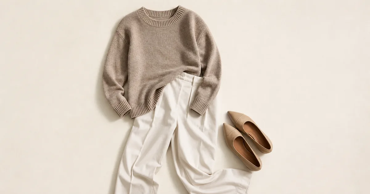Hero garment beside a phone showing a matching outfit for organize a small closet on a warm ivory background
