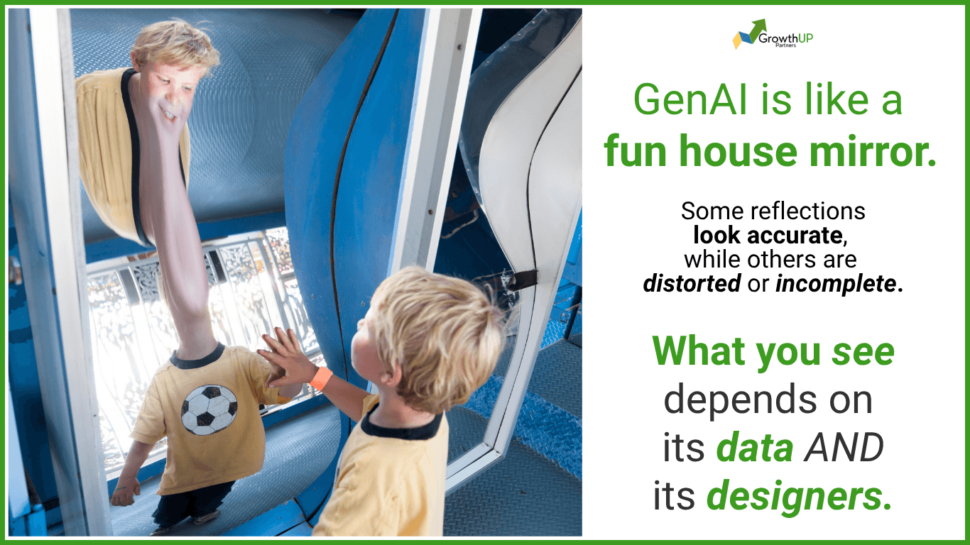 Illustration comparing generative AI to a fun house mirror. Highlights how GenAI reflects both the data it was trained on and the choices of its human designers, leading to outputs that can appear accurate, distorted, or incomplete.