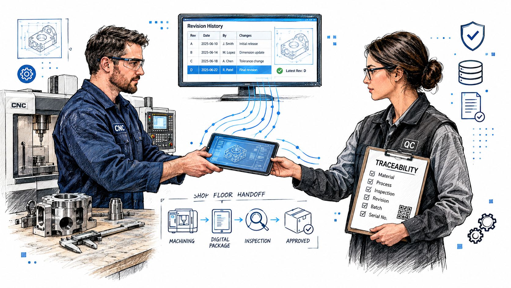 A CNC machinist and a QC inspector collaborating on digital manufacturing processes with tablets and revision history.