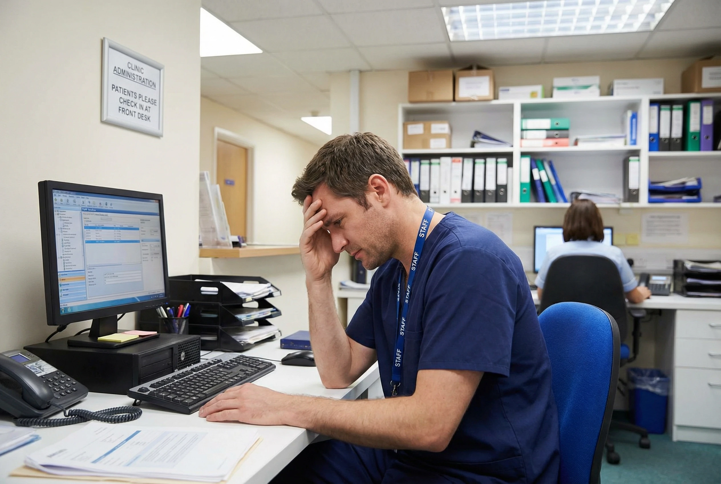 A visibly stressed male healthcare worker in scrubs sitting at a clinic administration desk, head in hand, looking at a computer screen.