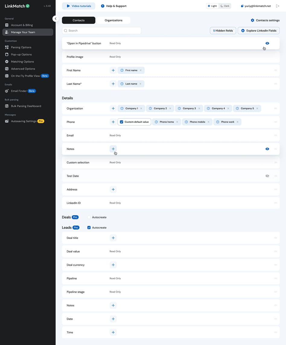 LinkMatch pricing page showing Standard and Professional plans with billing history and subscription details