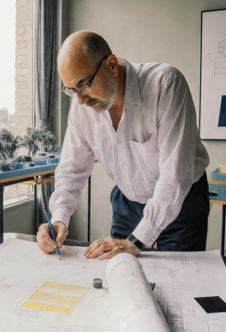 Architect sketching residential plans at a drafting table in a studio.