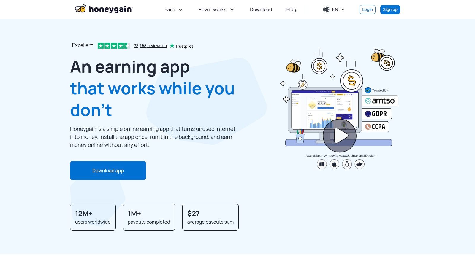 Honeygain app interface showing earnings and shared bandwidth