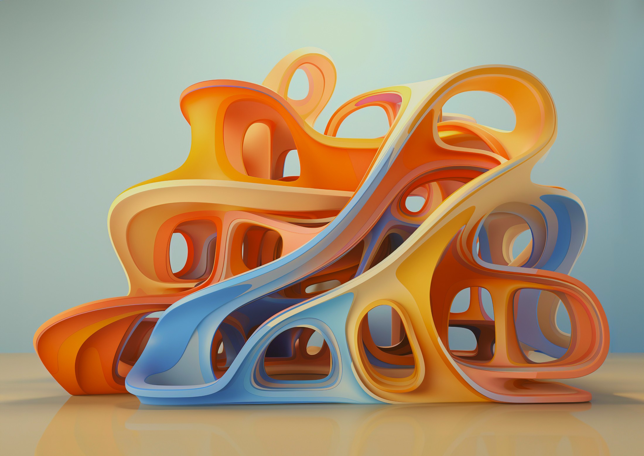 Curved orange, yellow, and blue structure with layered, flowing forms on a smooth surface.