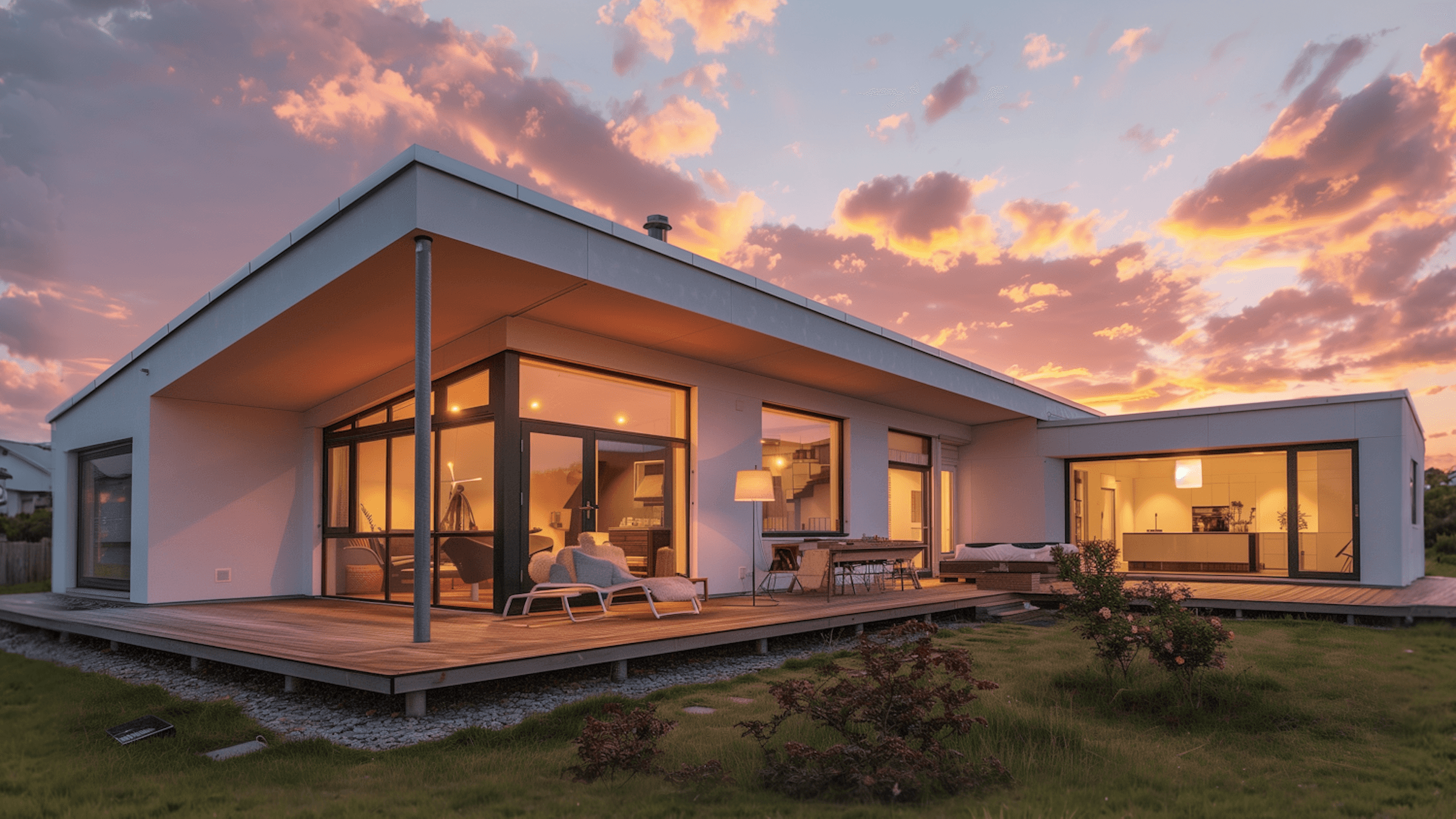 Modern house with large windows, wooden deck, and sunset sky in the background, creating a warm ambiance.
