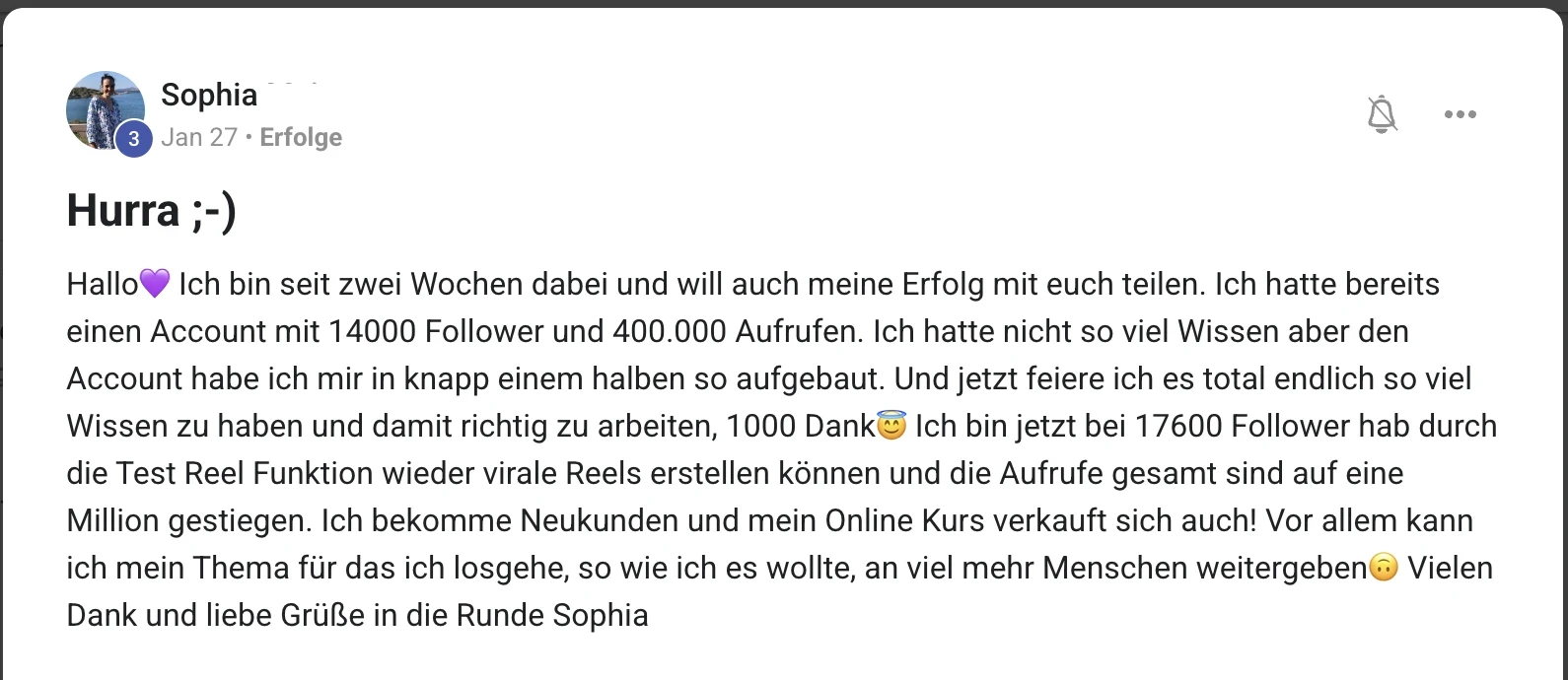 Kundenstimme KI Creator Akademie: Sophia steigert Instagram-Follower auf 17.600 und verkauft Online-Kurse