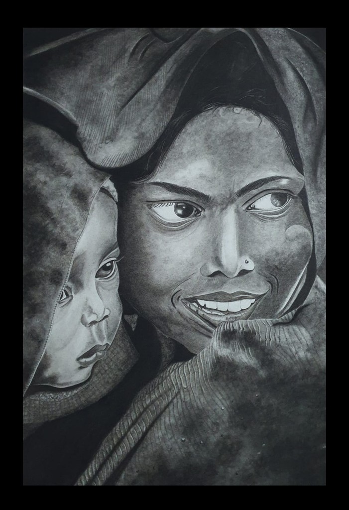 Charcoal artwork of a woman and child with expressive eyes and dramatic shading.