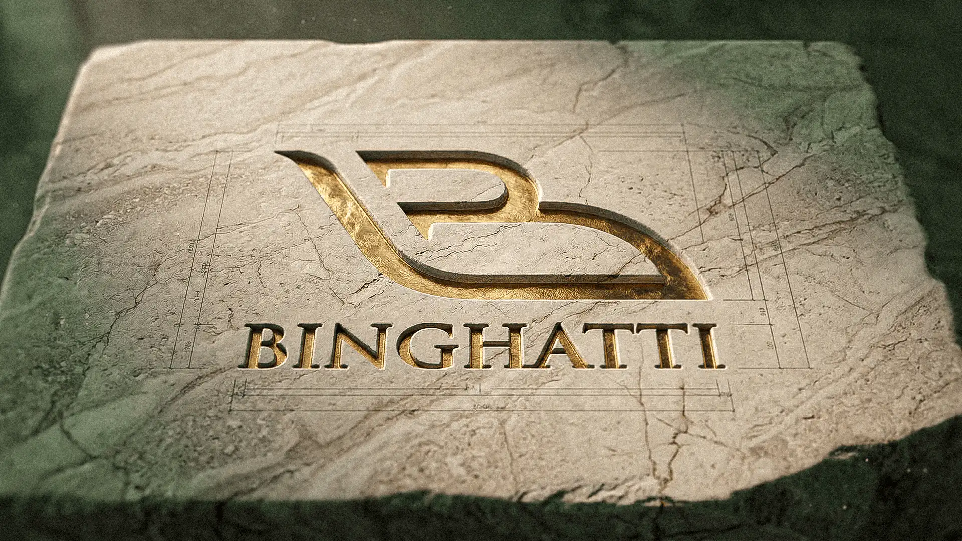Marca Binghatti representada en superficie de piedra en entorno corporativo.