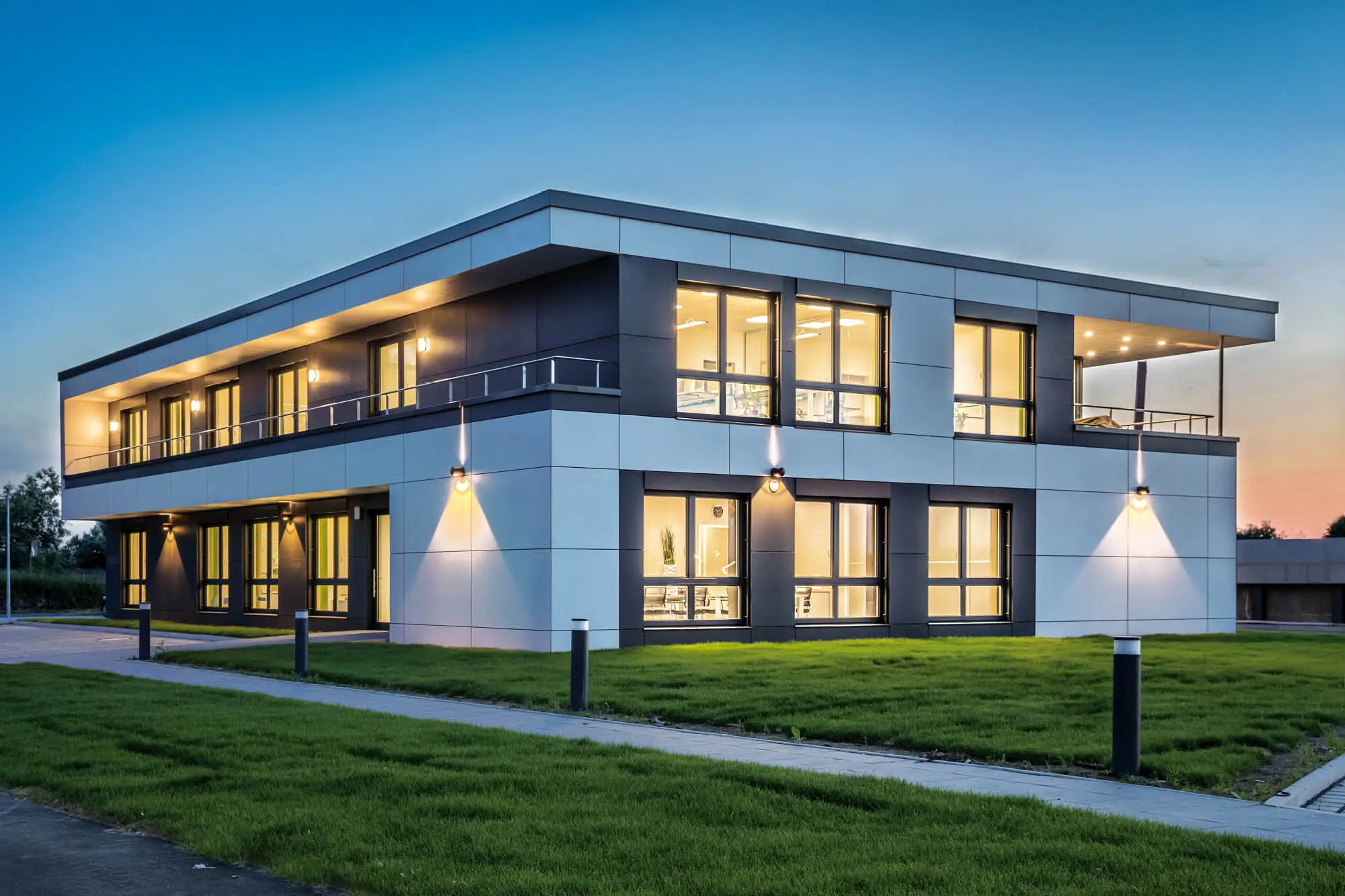 Modernes Bürogebäude mit großen Fenstern und Balkon in Abenddämmerung, beleuchtet von Außenlampen und Innenbeleuchtung.