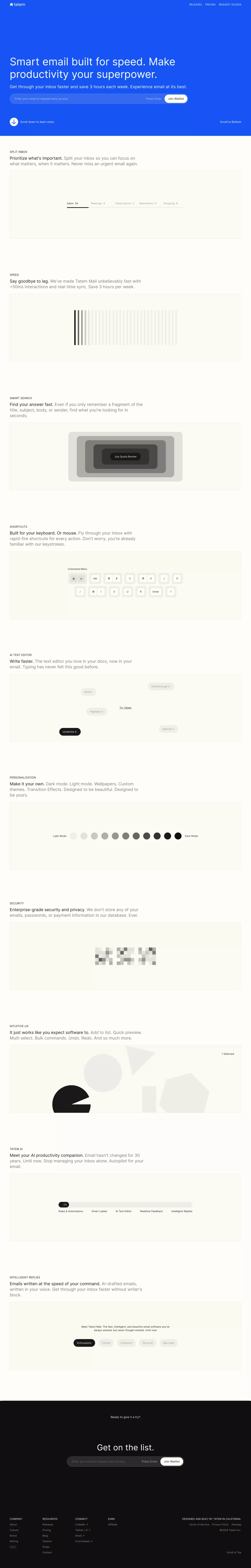 Smart email built for speed - Tatem landing page screenshot showcasing Tech design