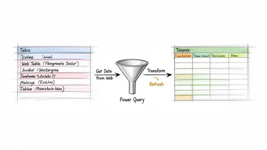 Diagram illustrating Power Query workflow: getting data from web, transforming, and refreshing to output a structured table.