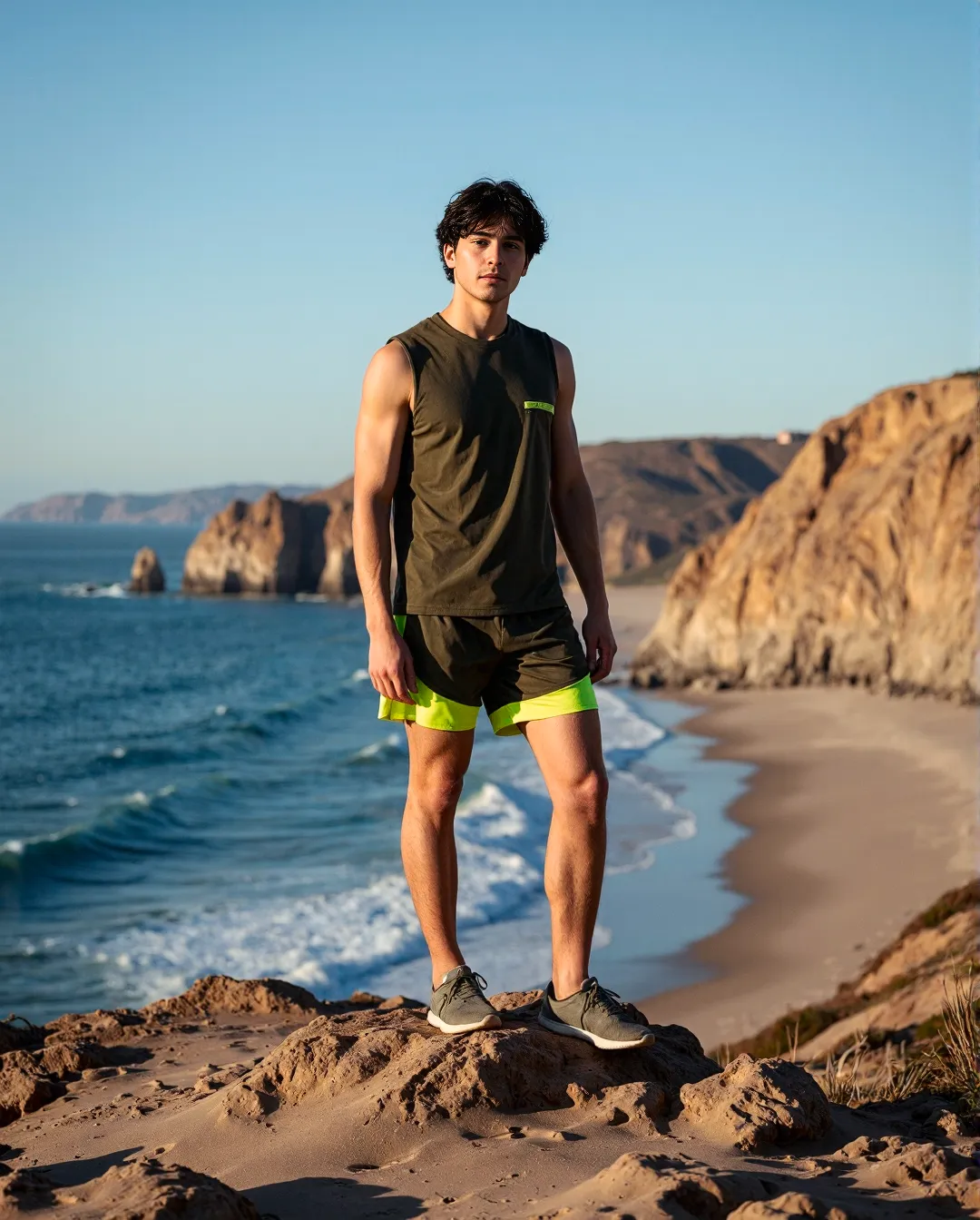 Athletic wear styled against dramatic coastal backdrop at golden hour, featuring olive green and neon yellow activewear on rocky beach.