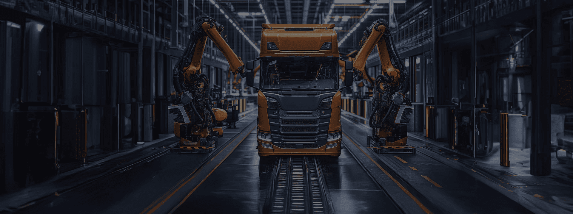 Orange robotic arms on either side of a production line.