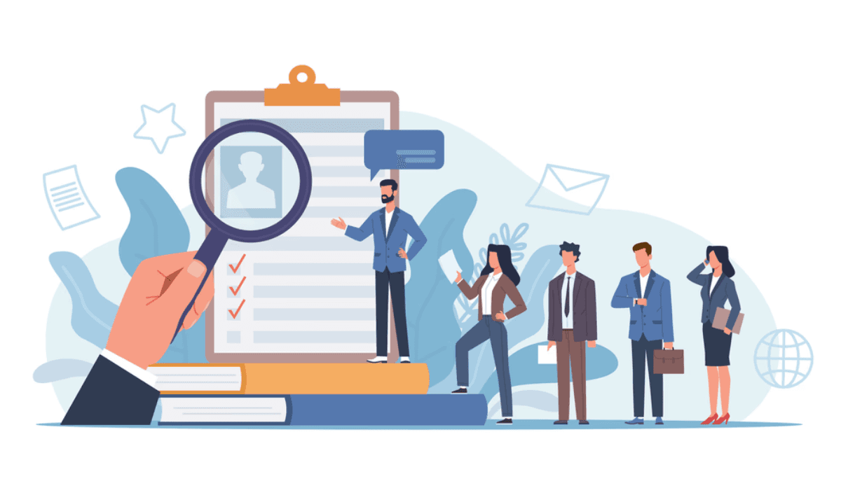 Illustration of candidates being evaluated with resumes and magnifying glass, representing engineer placement agency services for recruiting top technical talent and matching developers with startups and enterprises.
