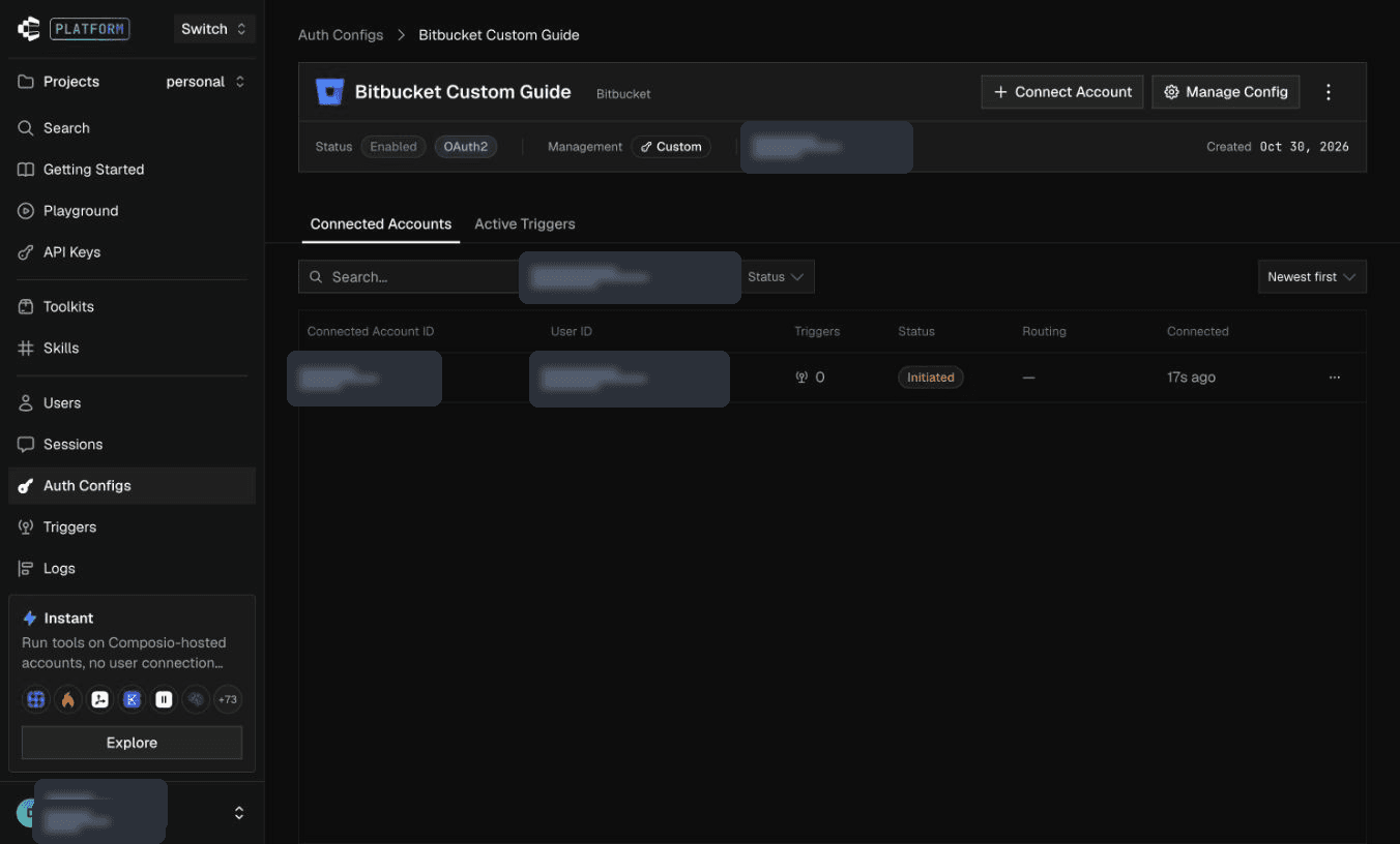 Bitbucket Connect Account button