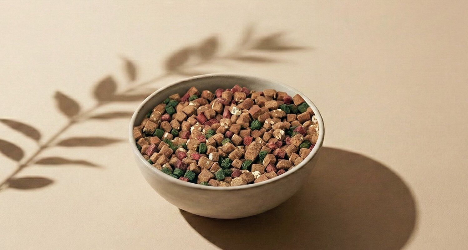 Close shot of TENDS Superfood Blend small kibble showing piece shape and size in soft natural light — the small-dog kibble built for a smaller mouth and the narrow margins a toy breed runs on.