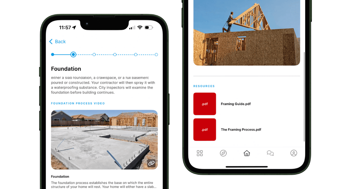 Phones showing a Foundation milestone with construction photos and documents