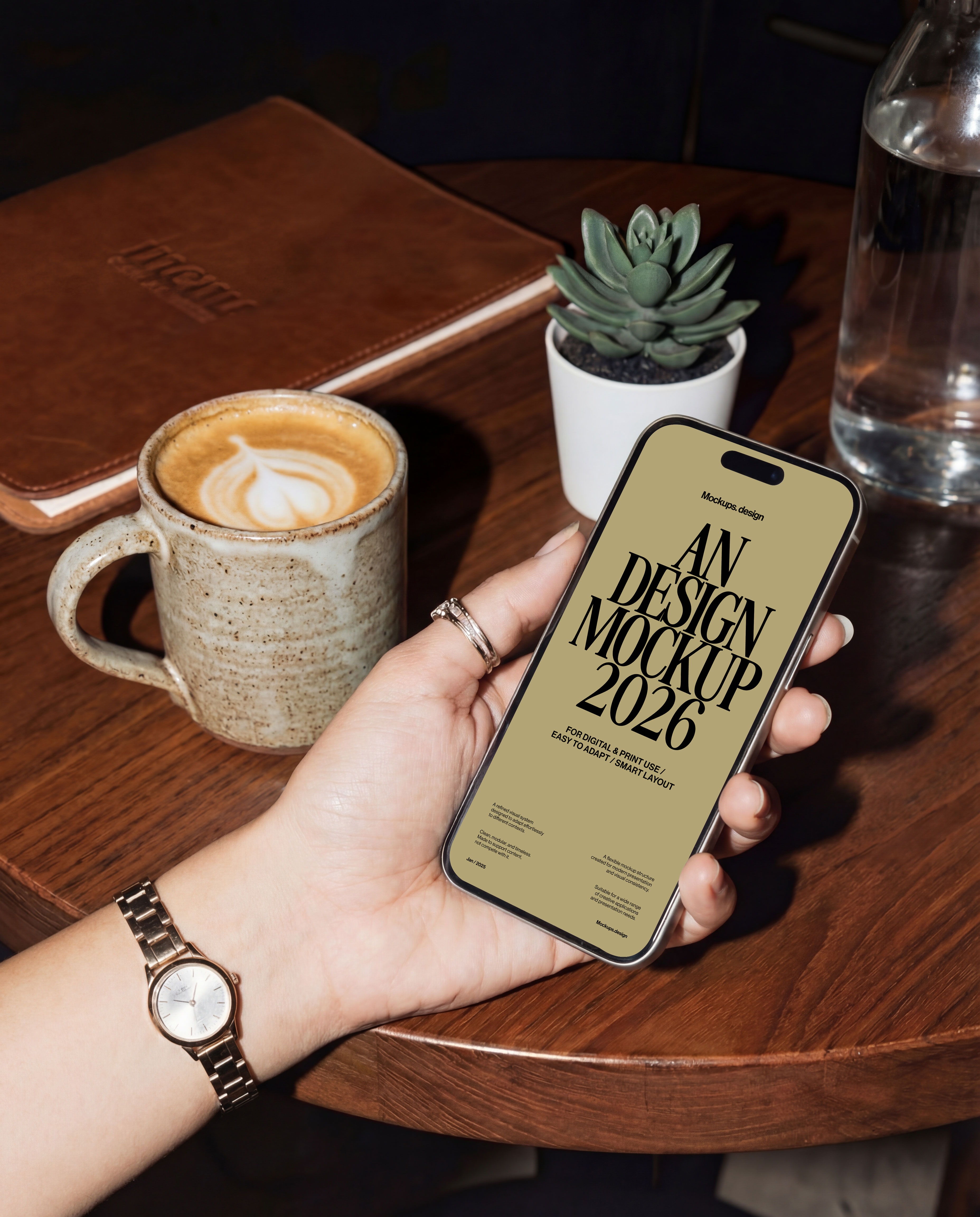 Realistic hand holding iPhone mockup at restaurant table