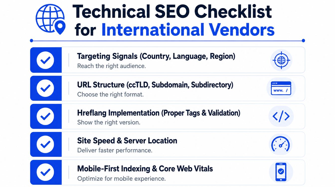A checklist infographic outlining technical SEO requirements for international vendors to optimize global websites effectively.