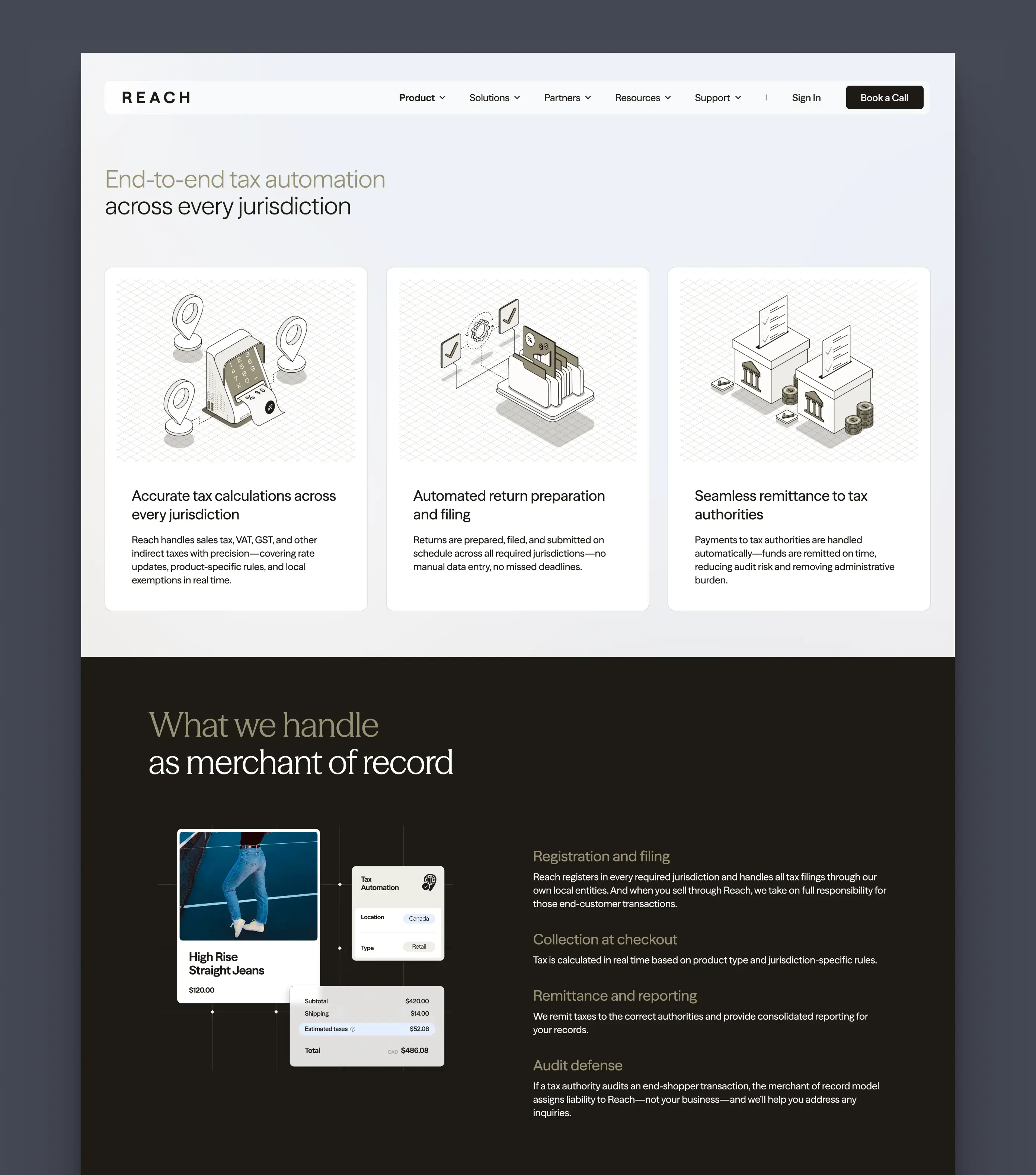 Reach webpage design combining illustrated tax automation cards with a dark section explaining merchant of record services.